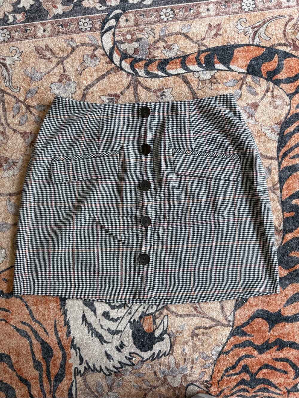 Button-Front Plaid Mini Skirt in Black and Cream